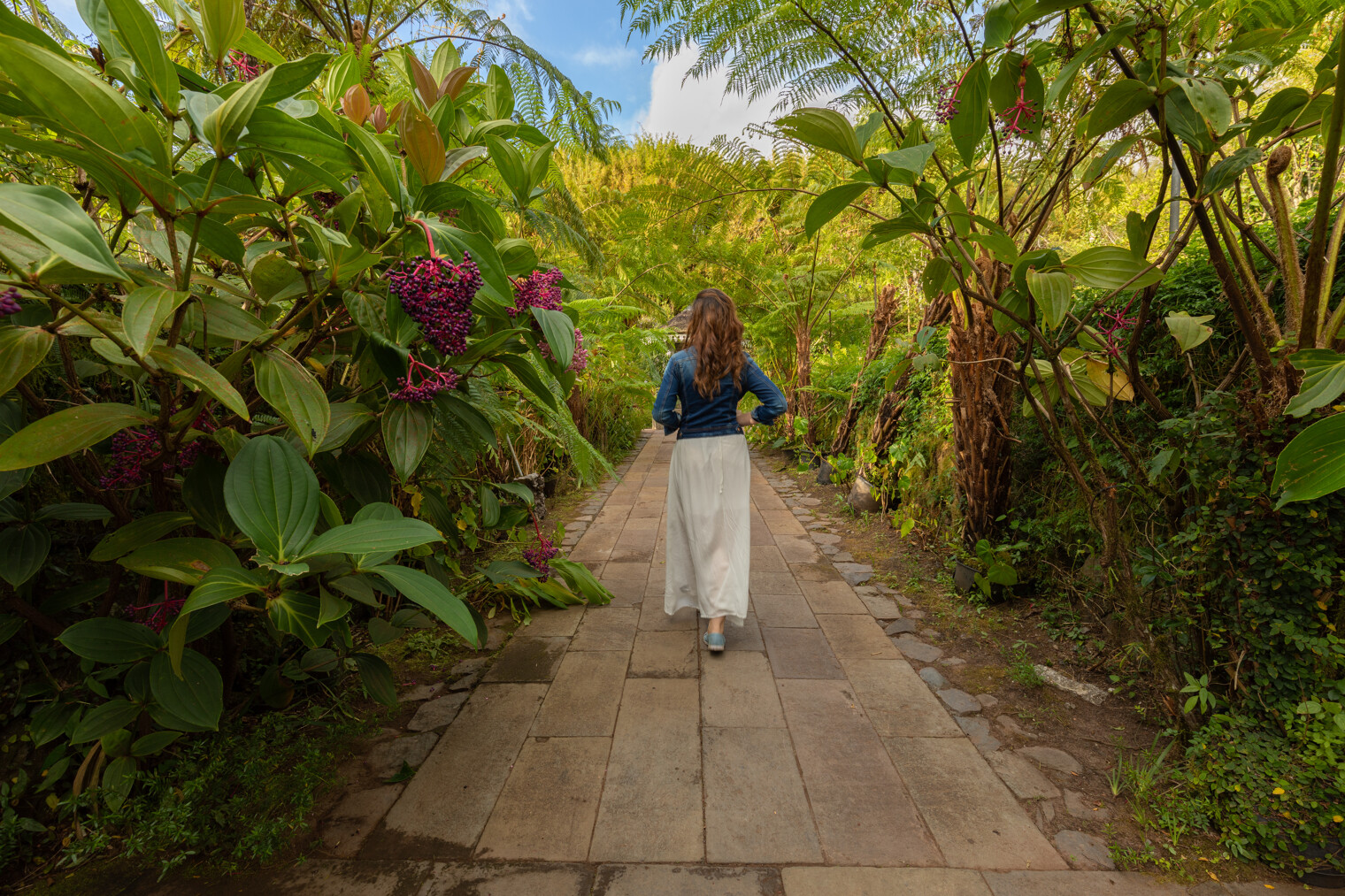 Femme se baladant dans un jardin botanique de La Réunion
