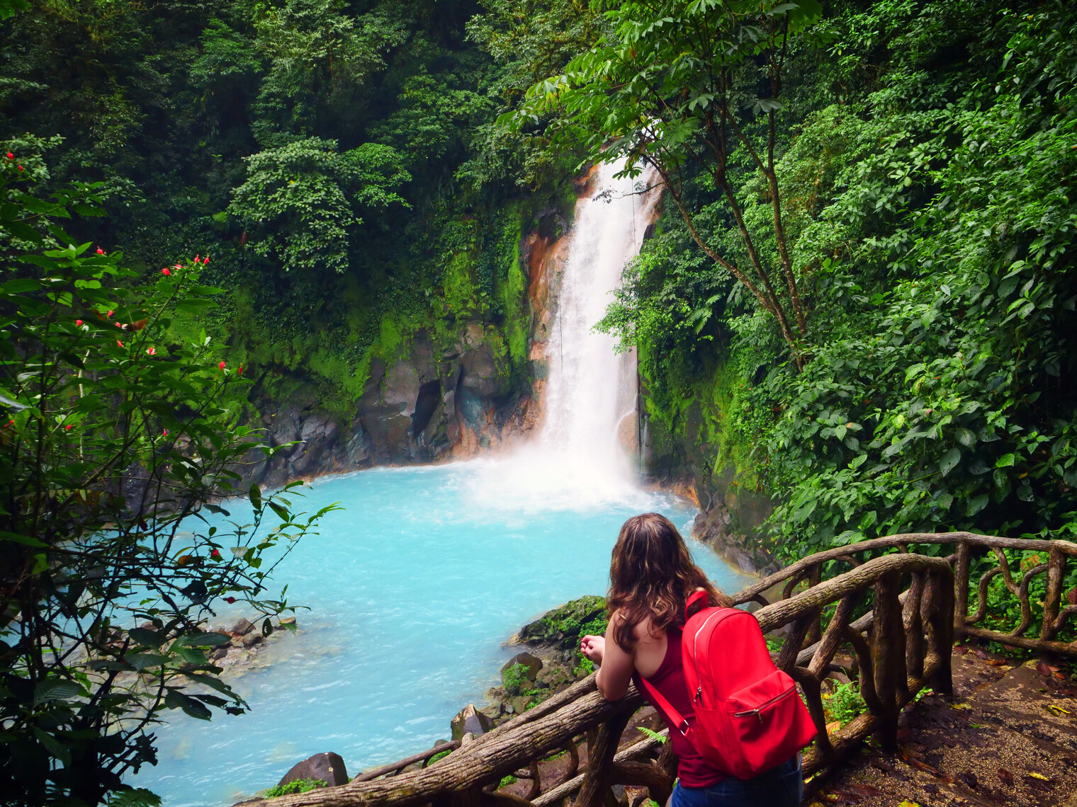 Une femme regardant une cascade tropicale au Costa Rica