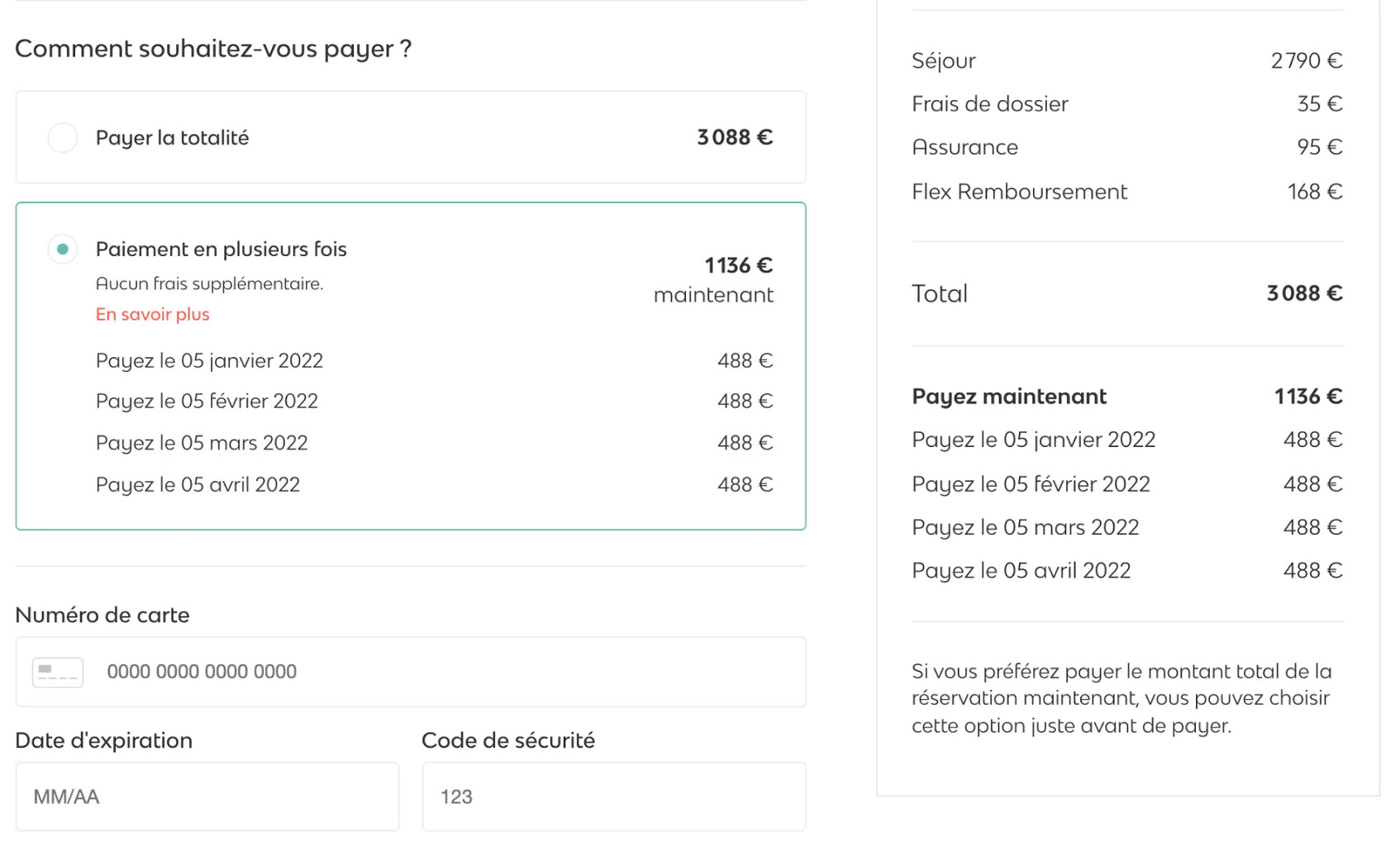 Une capture d'écran pour du site pour choisir comment payer, en une fois ou en plusieurs fois