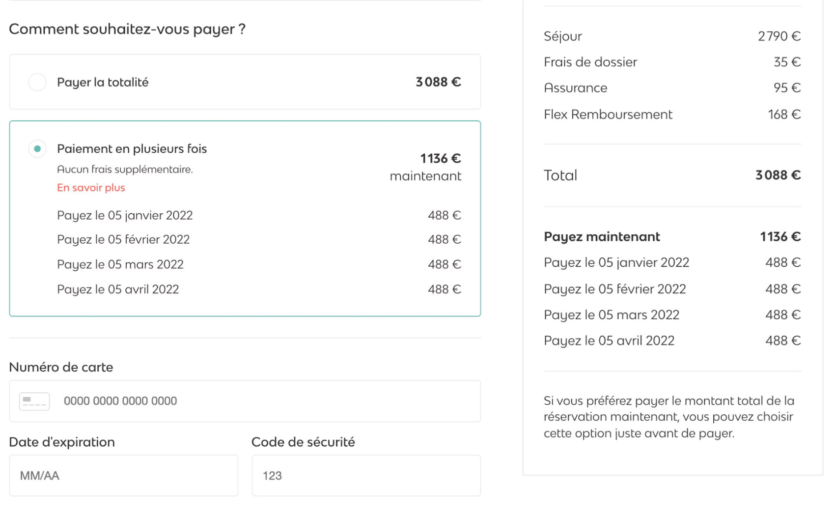 Une capture d'écran pour du site pour choisir comment payer, en une fois ou en plusieurs fois