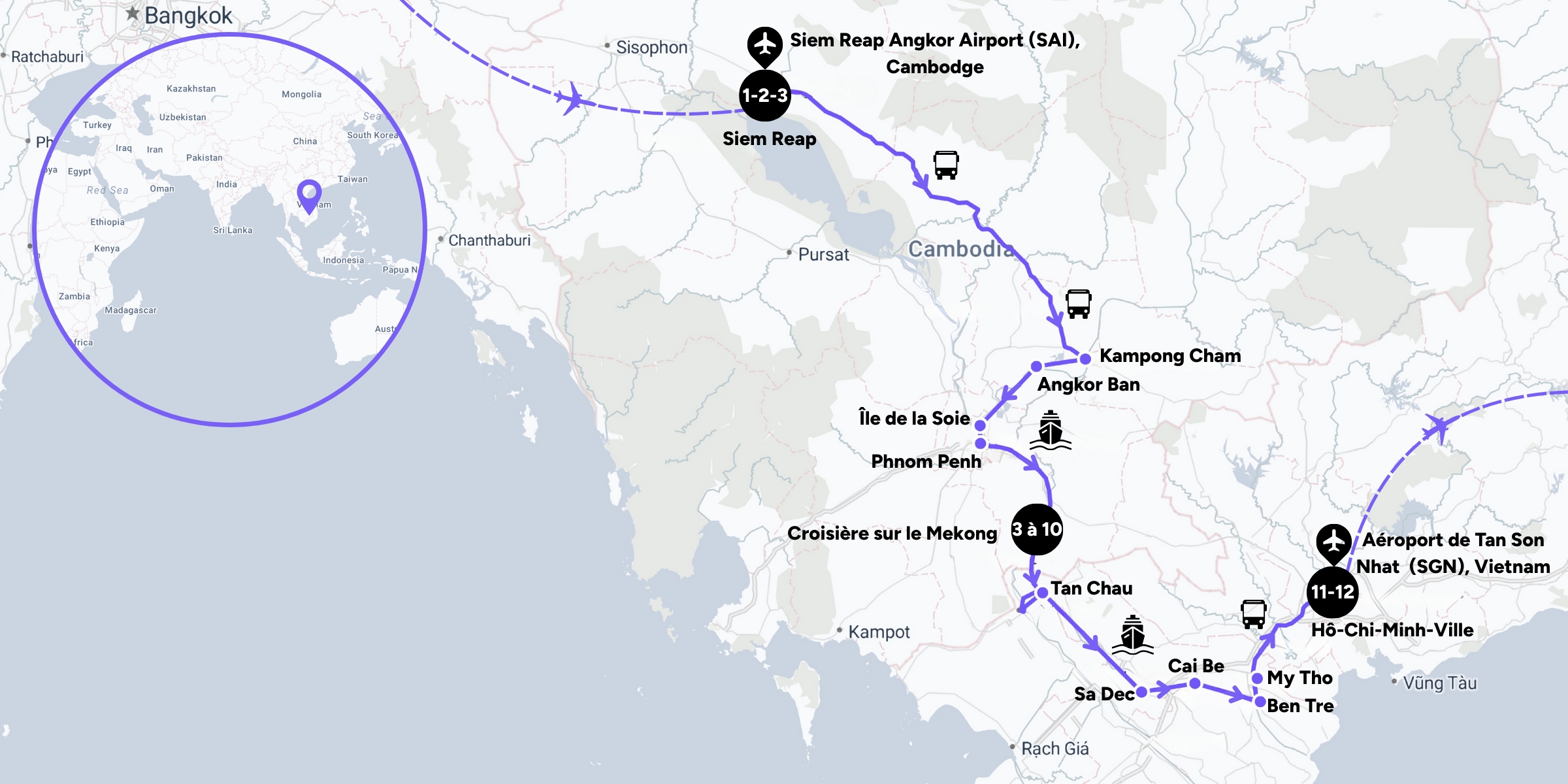 Itinéraire de votre croisière sur le Mékong