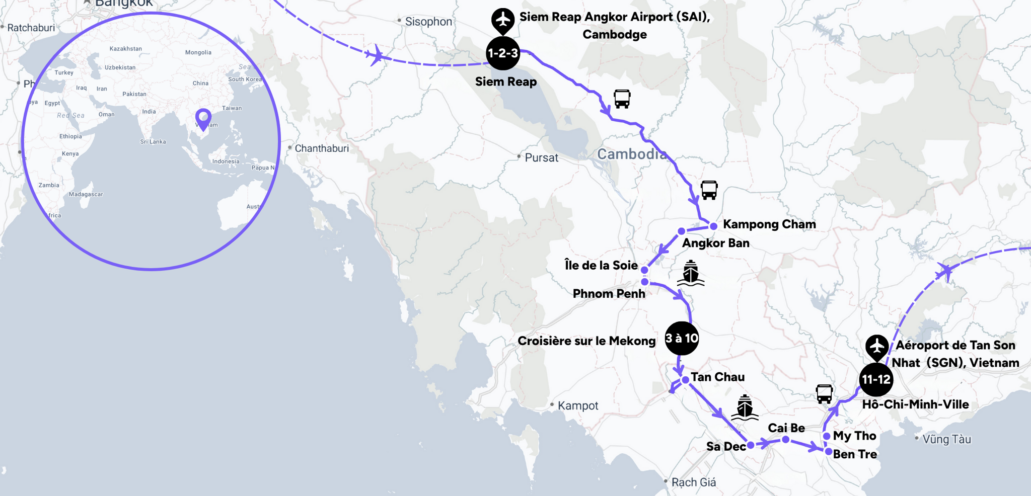 Itinéraire de votre croisière sur le Mékong