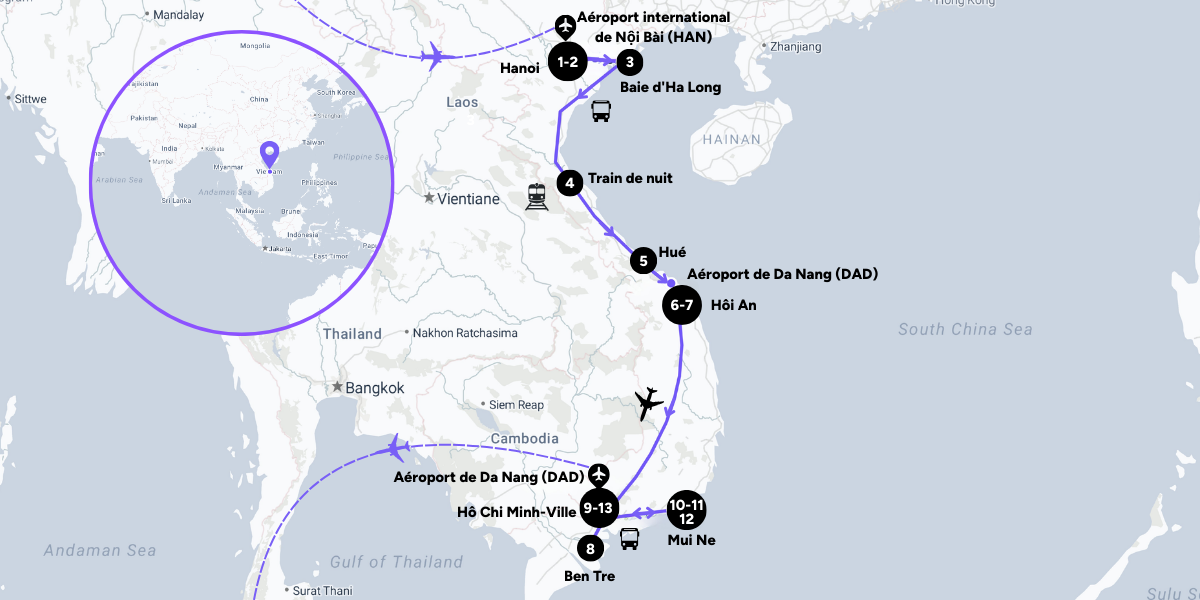 L'itinéraire de votre voyage au Vietnam