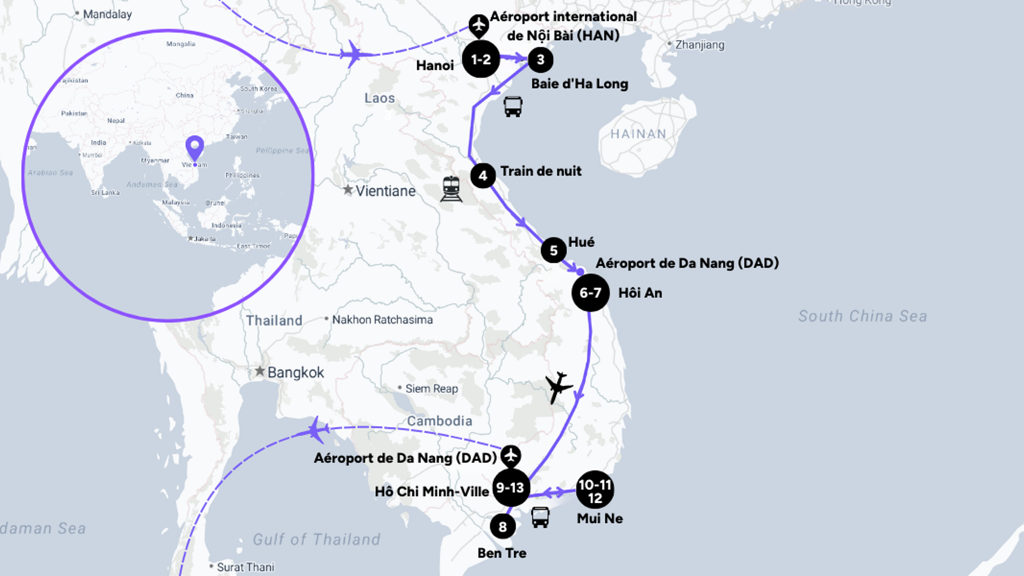 L'itinéraire de votre voyage au Vietnam