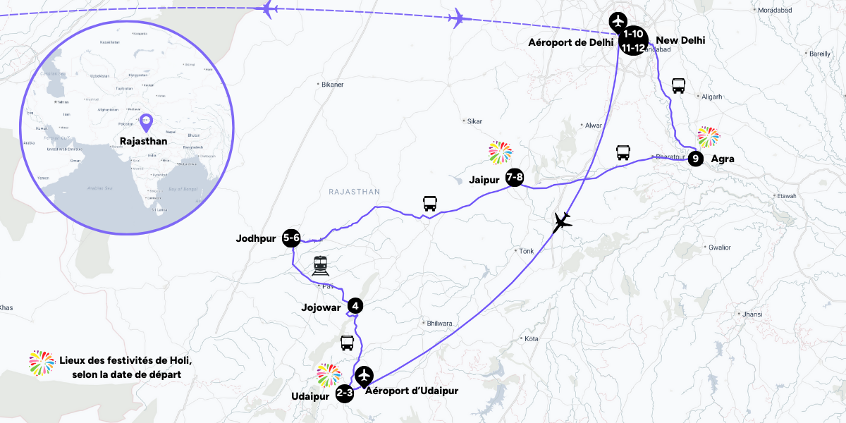 L'itinéraire de votre circuit dans le Rajasthan 