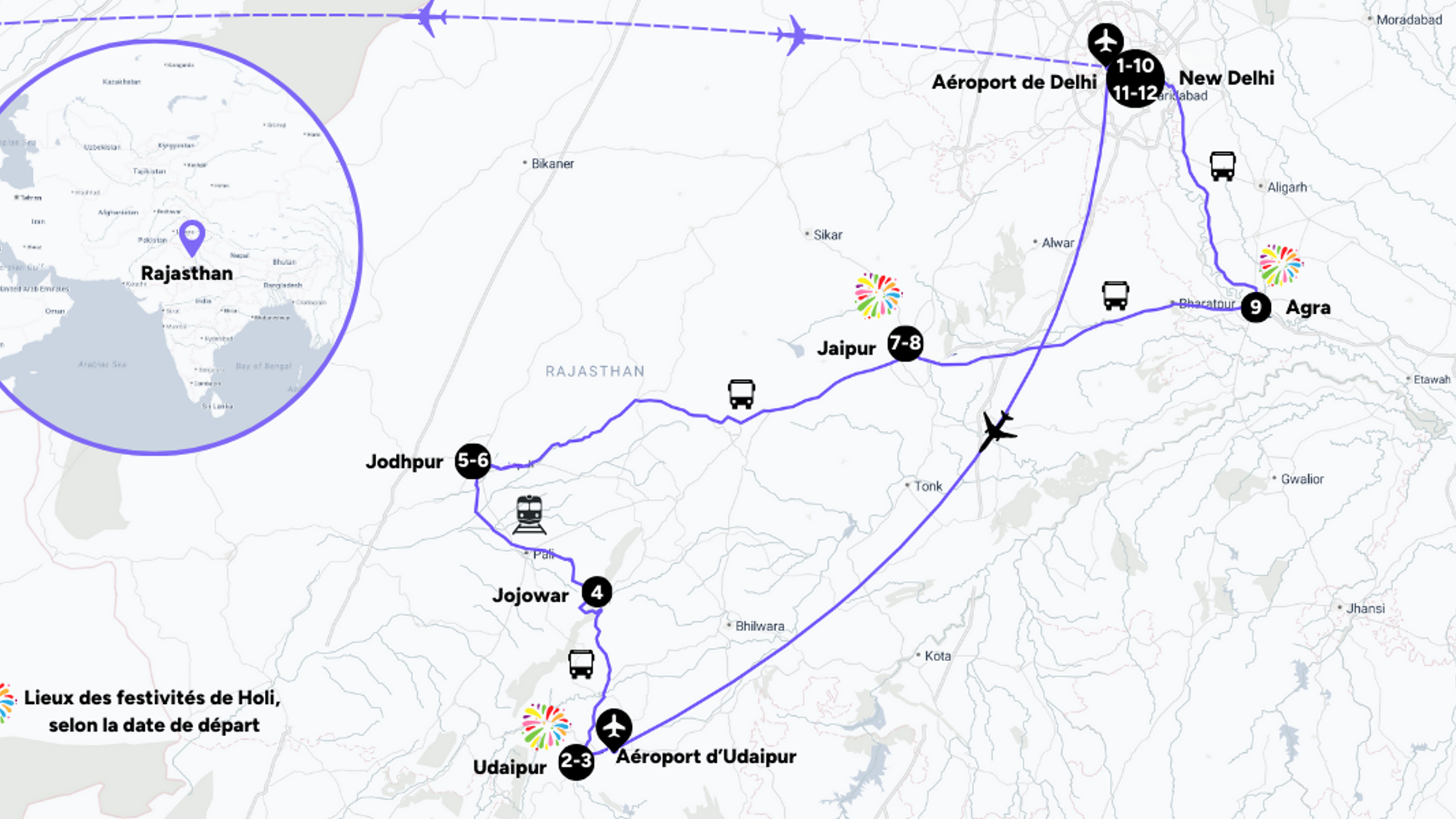 L'itinéraire de votre circuit dans le Rajasthan