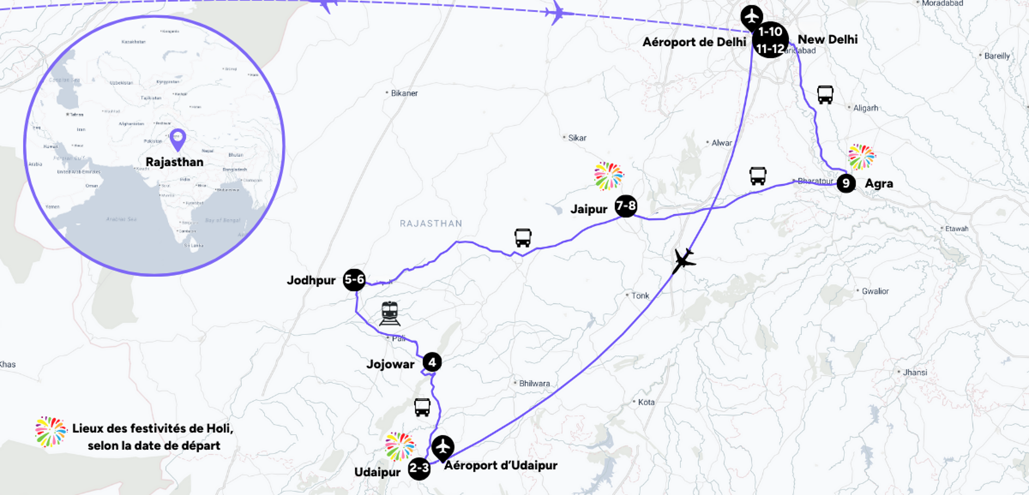 L'itinéraire de votre circuit dans le Rajasthan