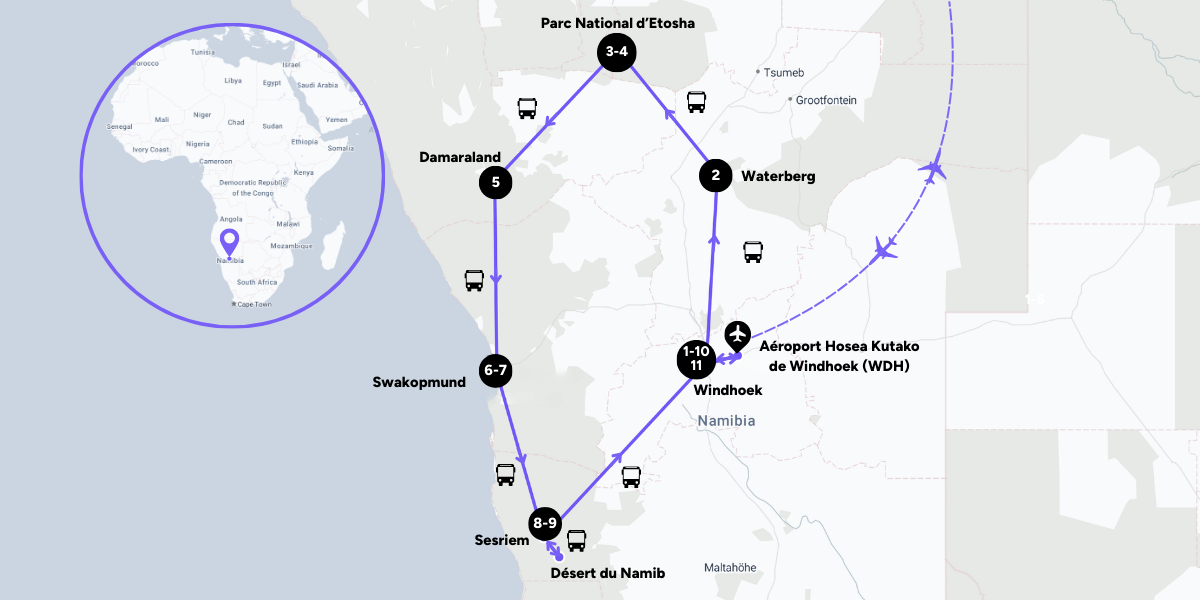 L'itinéraire de votre voyage en Namibie