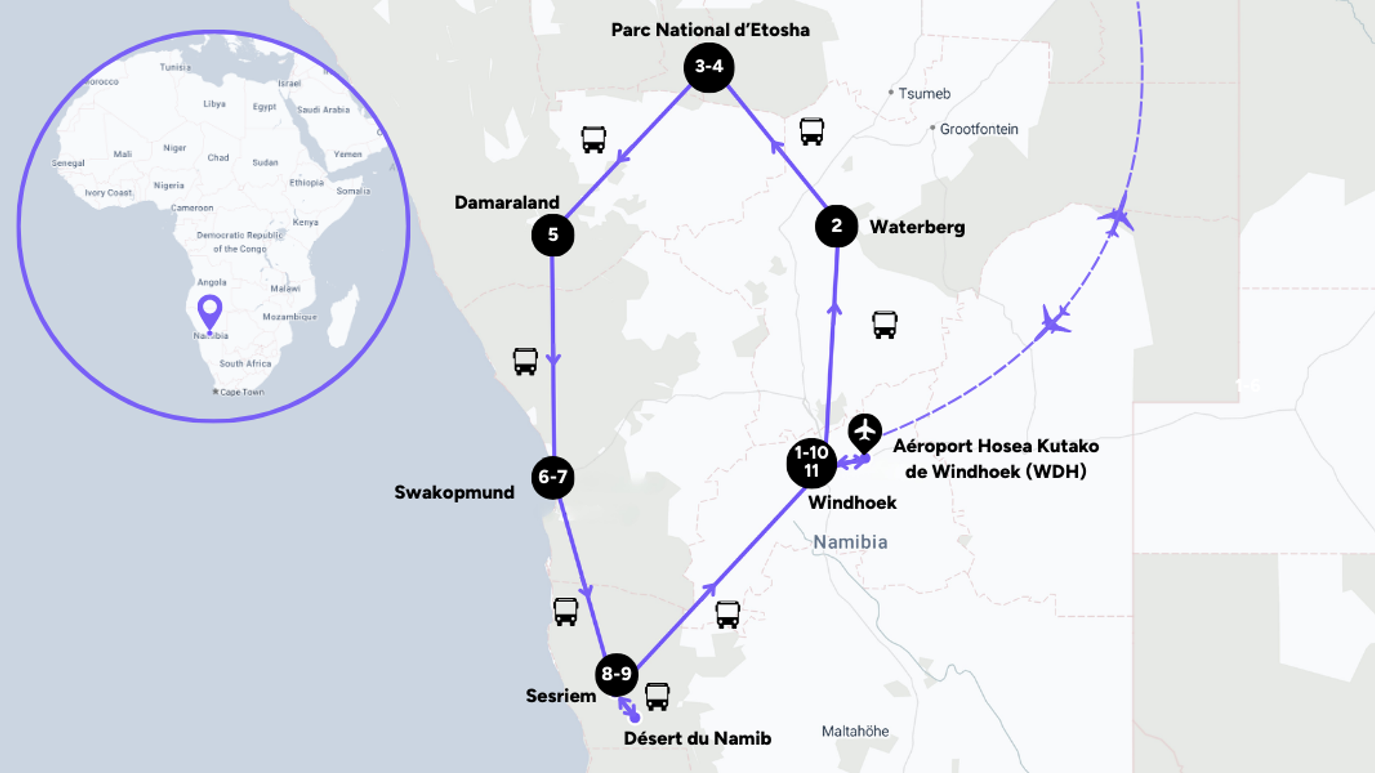 L'itinéraire de votre voyage en Namibie