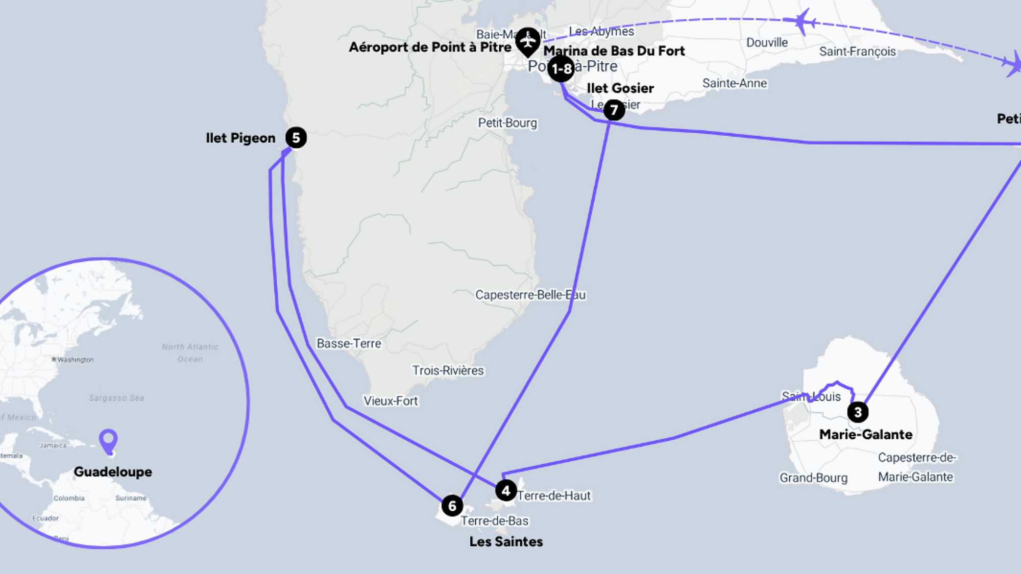 L'itinéraire de votre croisière dans l'archipel de Guadeloupe (sous réserve des conditions météo)