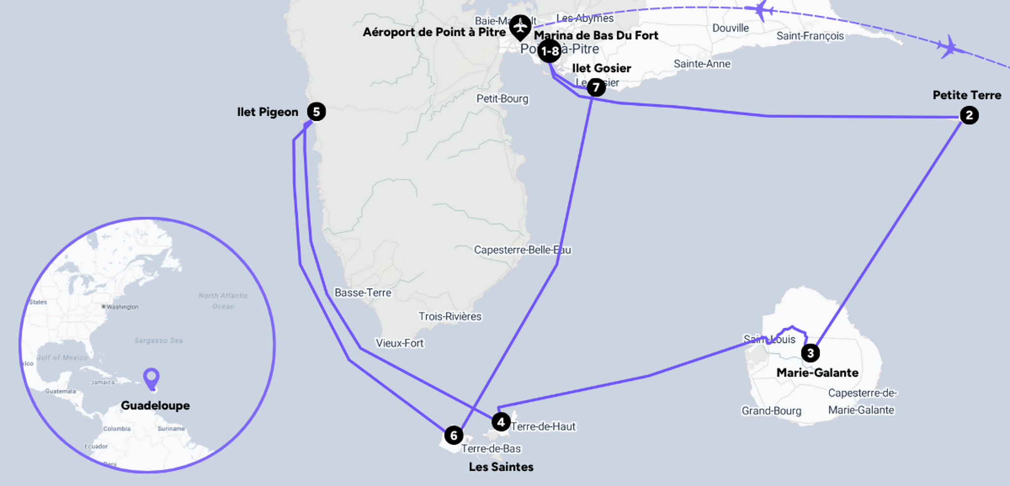 L'itinéraire de votre croisière dans l'archipel de Guadeloupe (sous réserve des conditions météo)