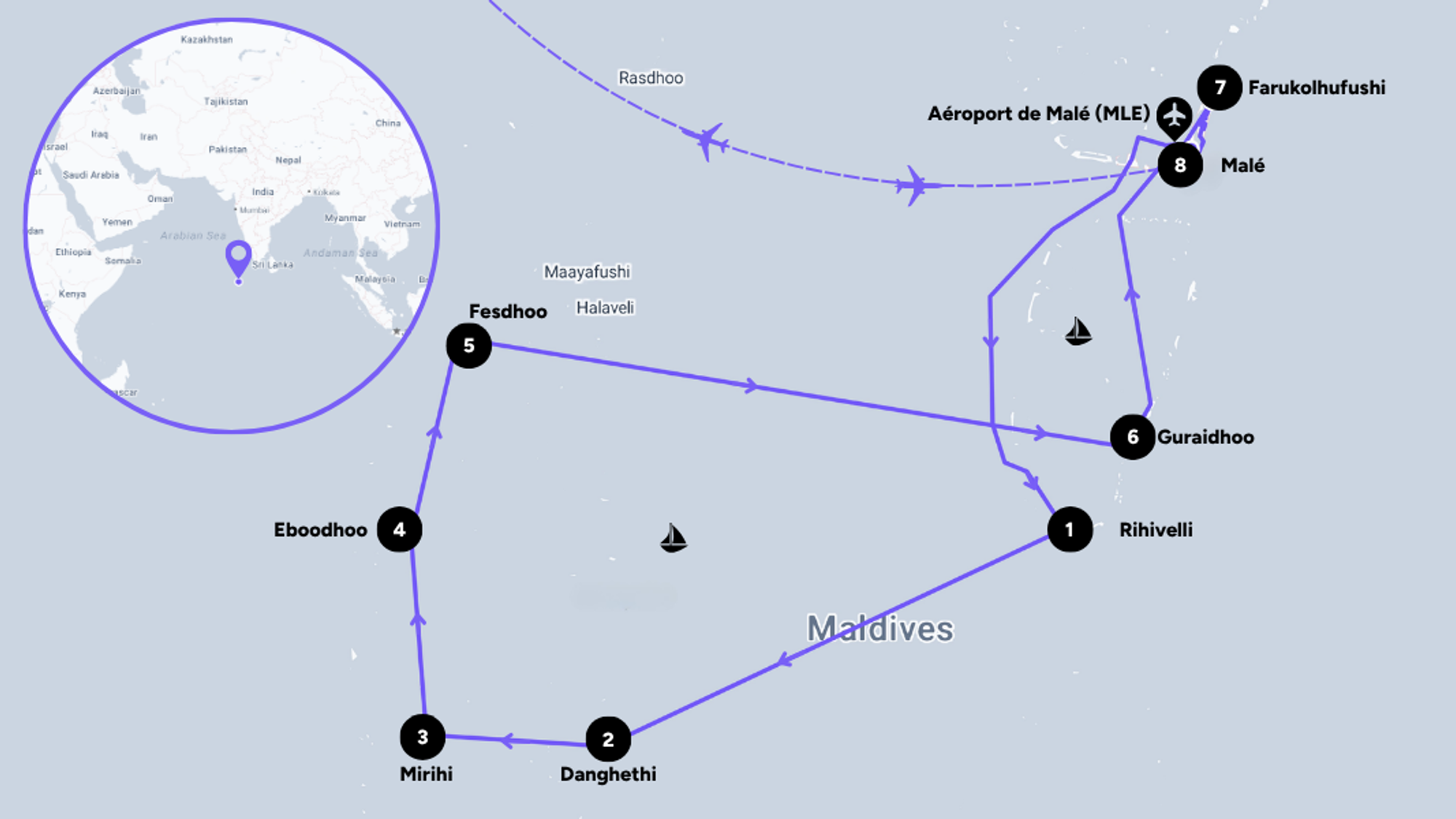 L'itinéraire de votre croisière aux Maldives