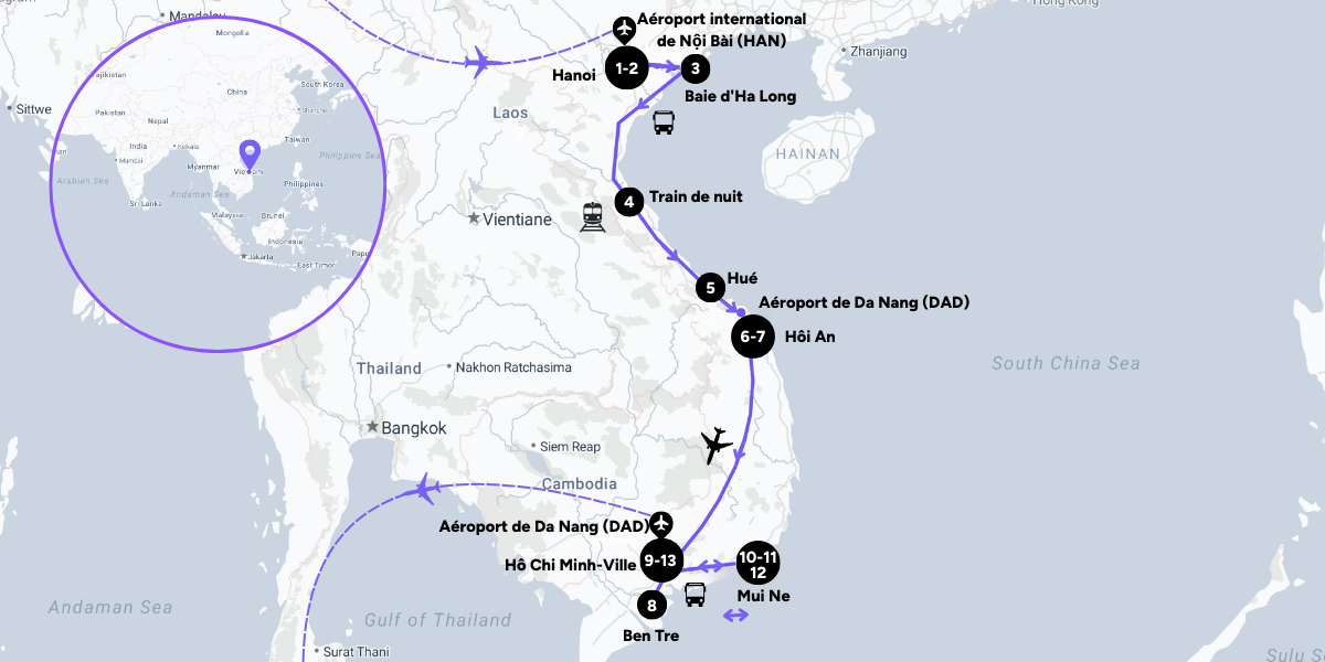 L'itinéraire de votre voyage au Vietnam