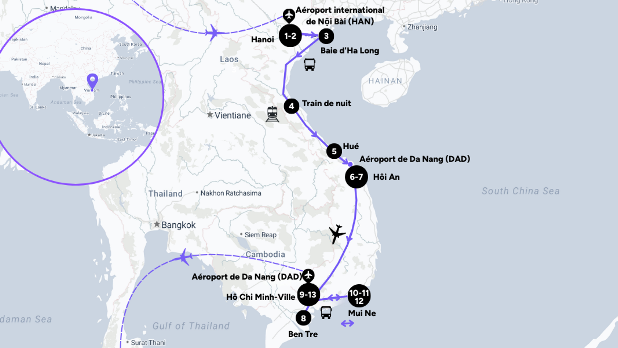 L'itinéraire de votre voyage au Vietnam