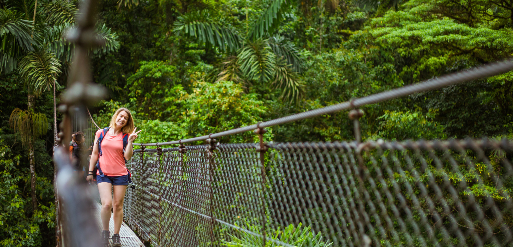 et amusez-vous sur les nombreux ponts suspendus... au dessus des arbres, avec des vues à couper le souffle sur le volcan