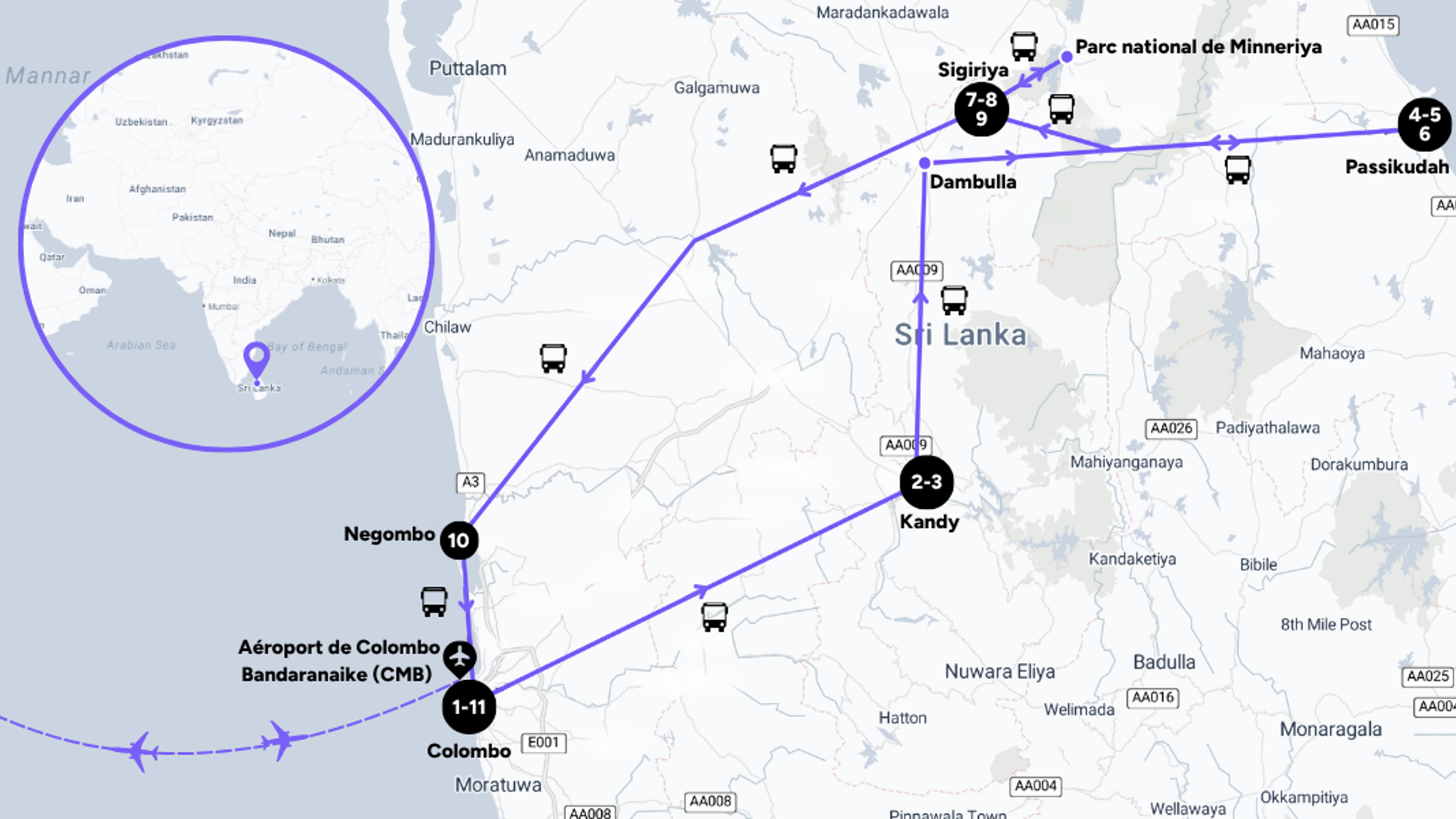 L'itinéraire de votre voyage au Sri Lanka
