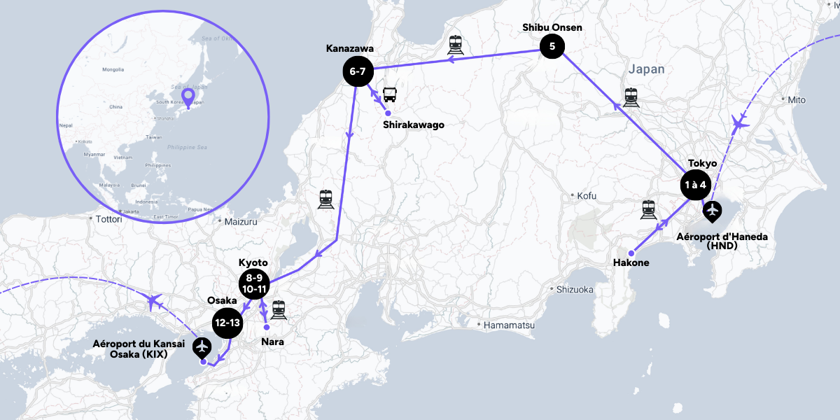 L'itinéraire de votre voyage au Japon