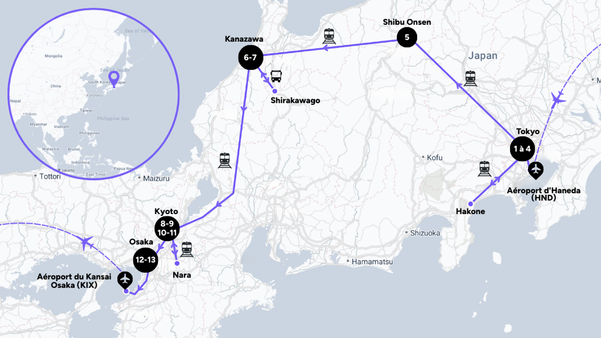 L'itinéraire de votre voyage au Japon