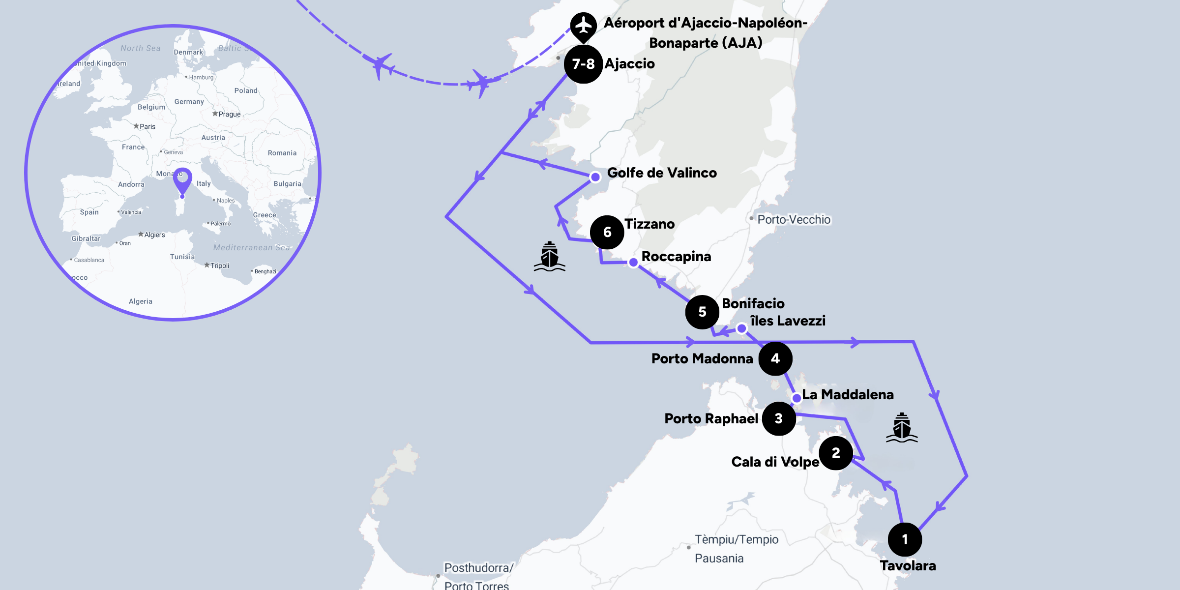 L'itinéraire de votre croisière en catamaran entre la Corse et la Sardaigne