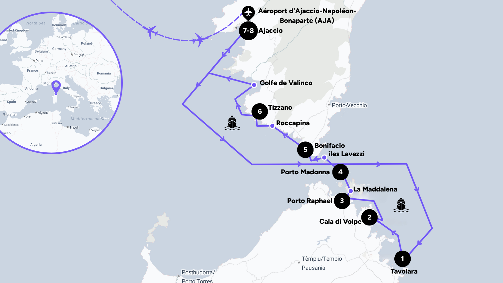 L'itinéraire de votre croisière en catamaran entre la Corse et la Sardaigne