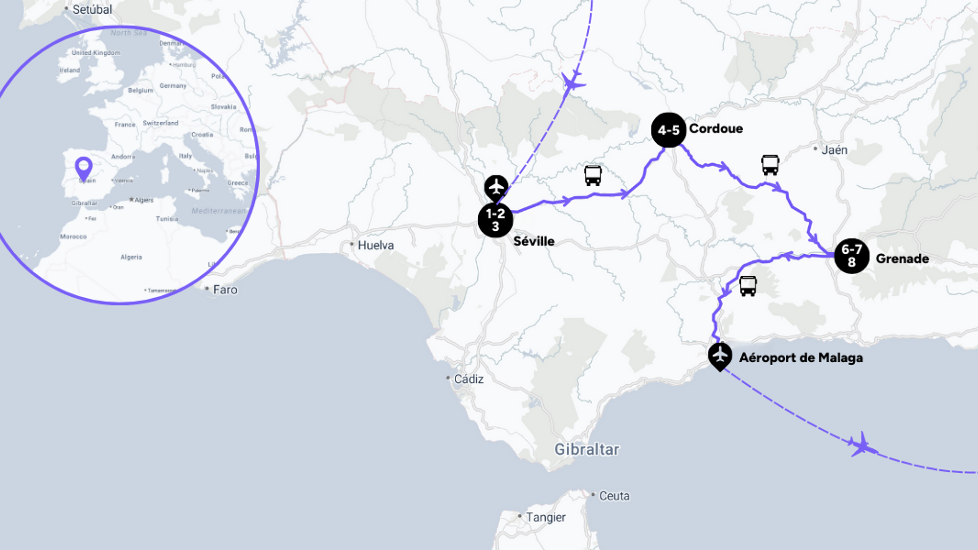 L'itinéraire de votre circuit en Andalousie