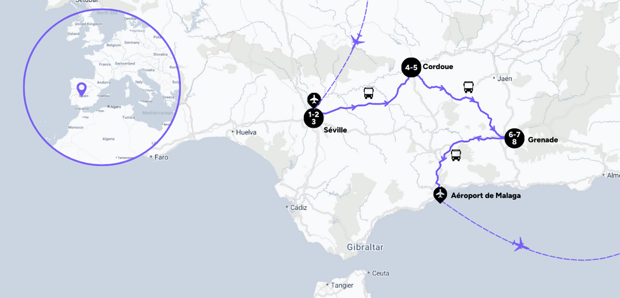 L'itinéraire de votre circuit en Andalousie