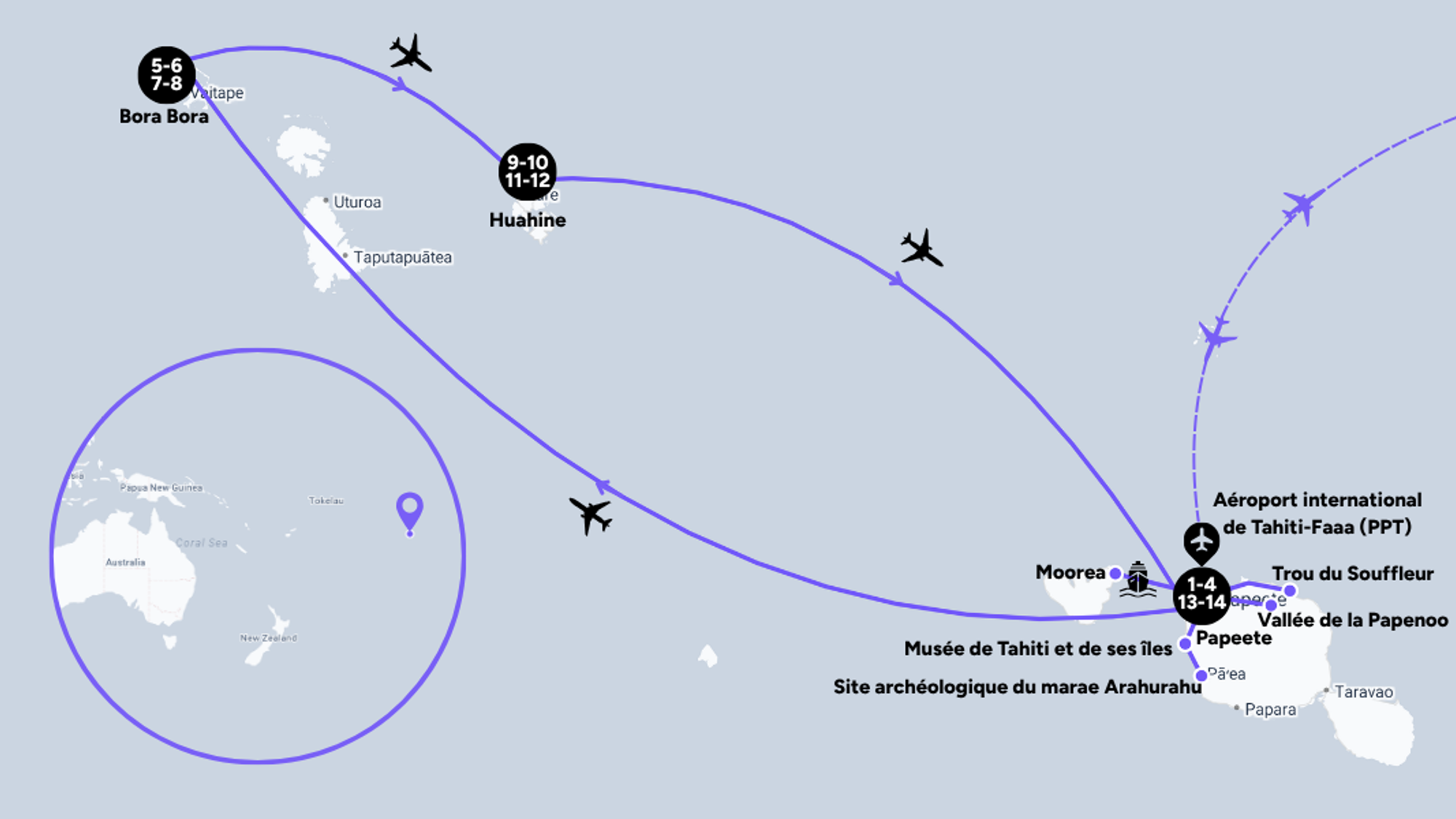 L'itinéraire de votre voyage à Tahiti