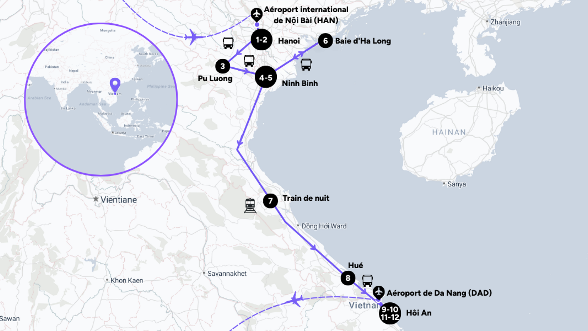 L'itinéraire de votre voyage au Vietnam