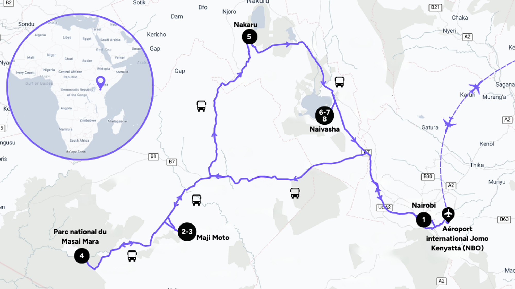 L'itinéraire de votre voyage au Kenya