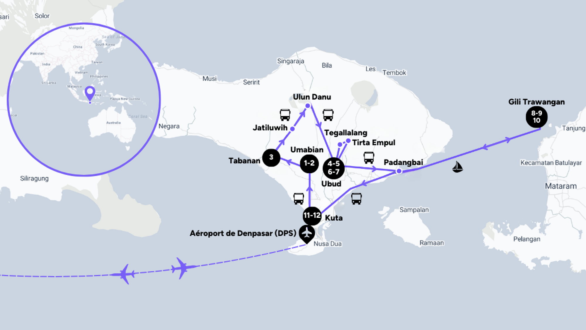 L'itinéraire de votre voyage à Bali