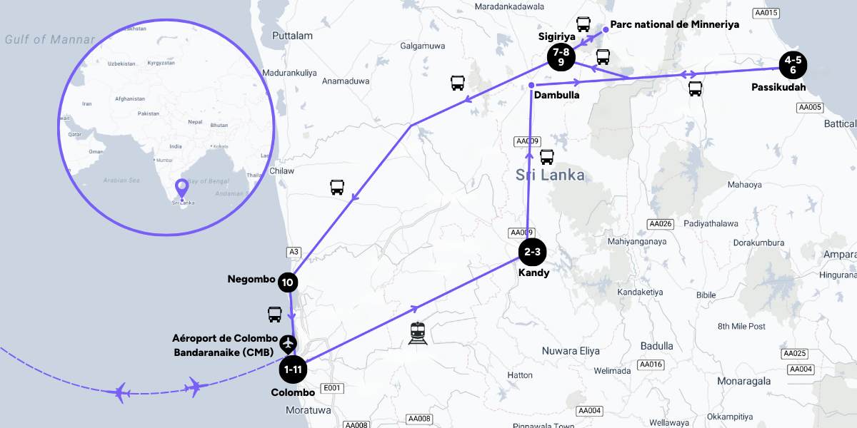L'itinéraire de votre voyage au Sri Lanka