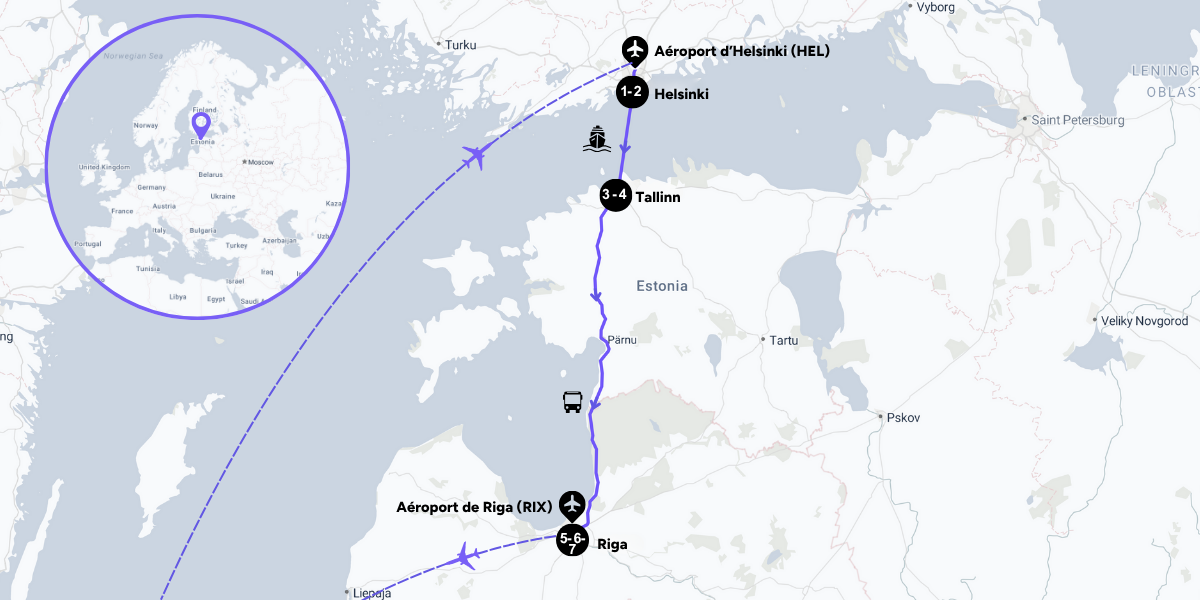 L'itinéraire de votre voyage entre Finlande et Pays Baltes