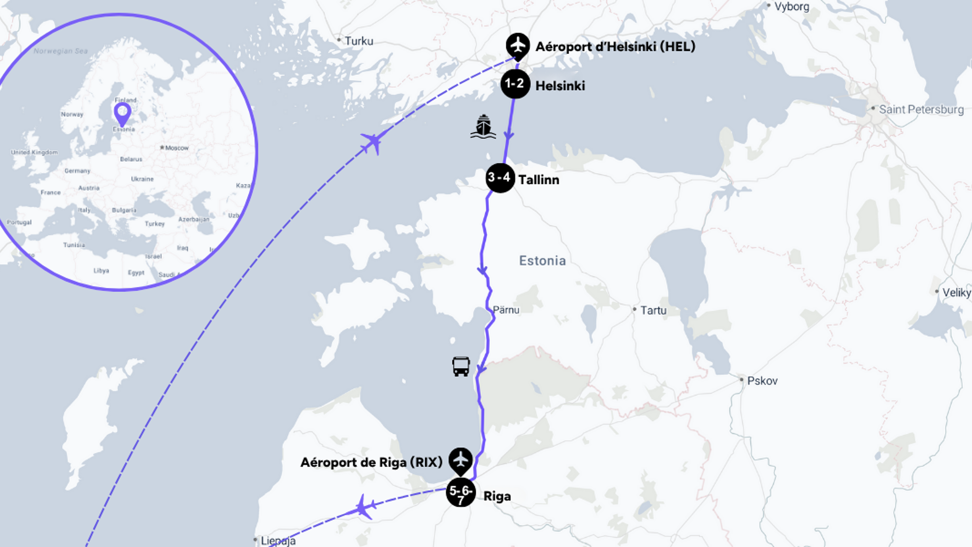 L'itinéraire de votre voyage entre Finlande et Pays Baltes