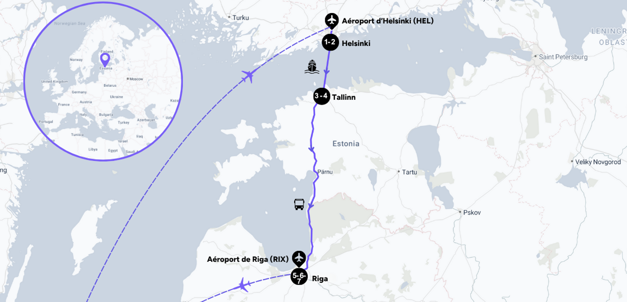 L'itinéraire de votre voyage entre Finlande et Pays Baltes