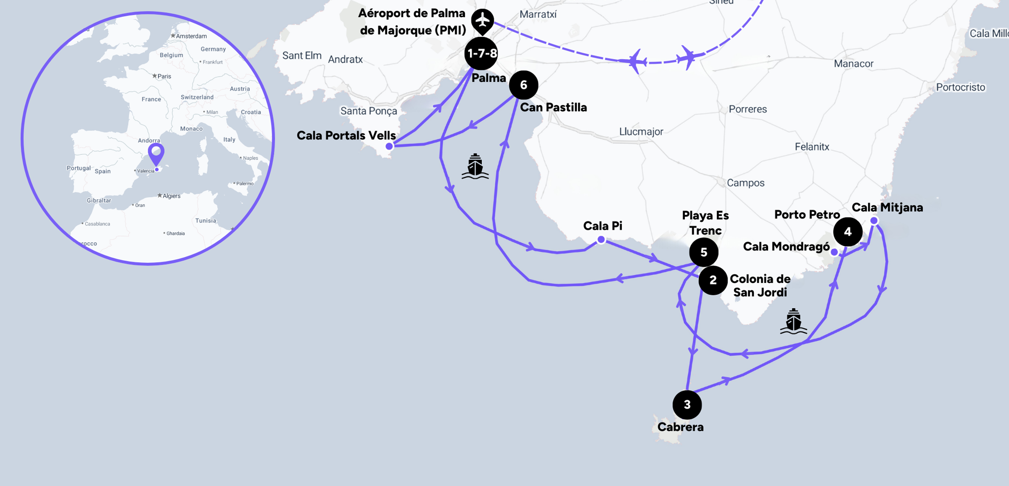 L'itinéraire de votre croisière dans les Baléares