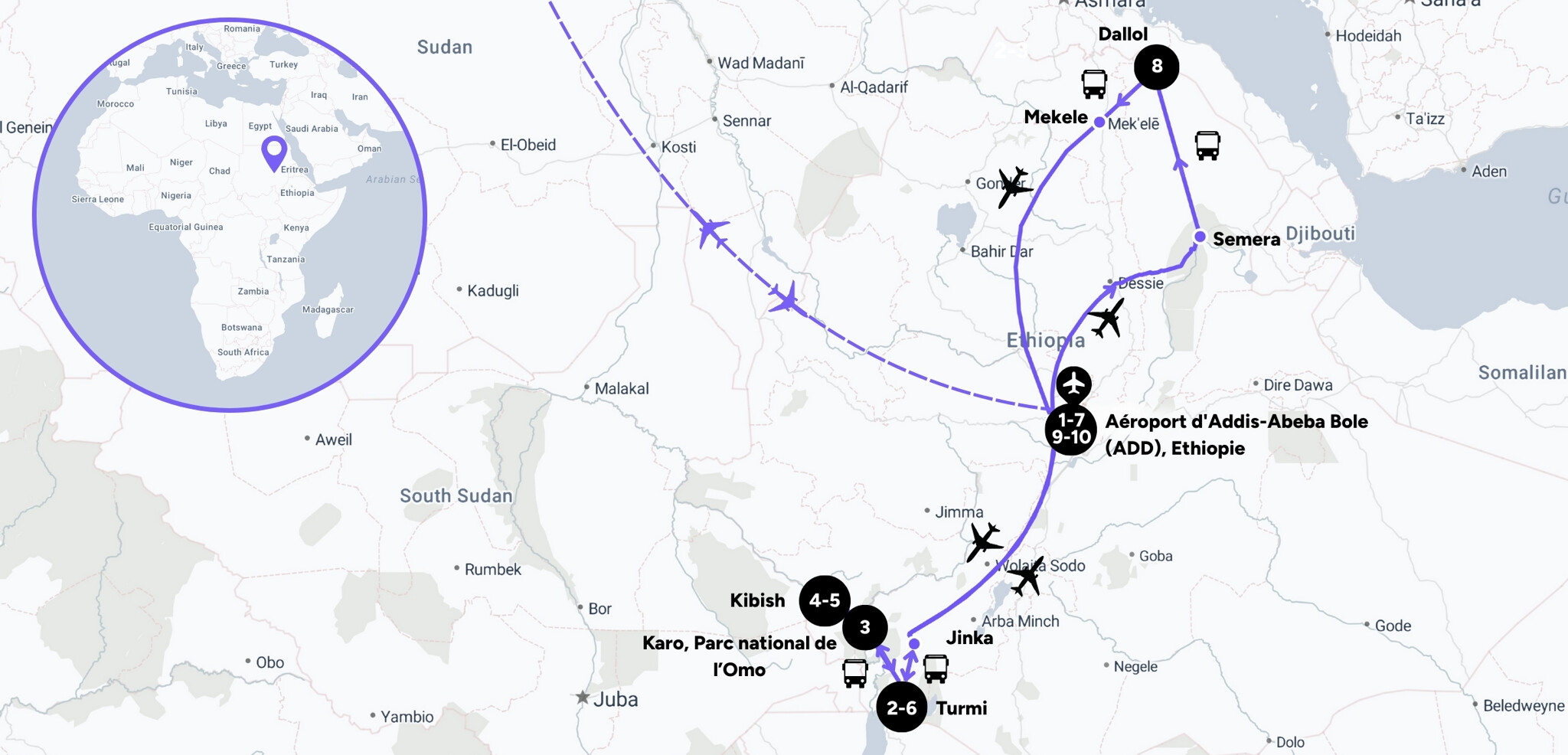 L'itinéraire de votre circuit en Ethiopie