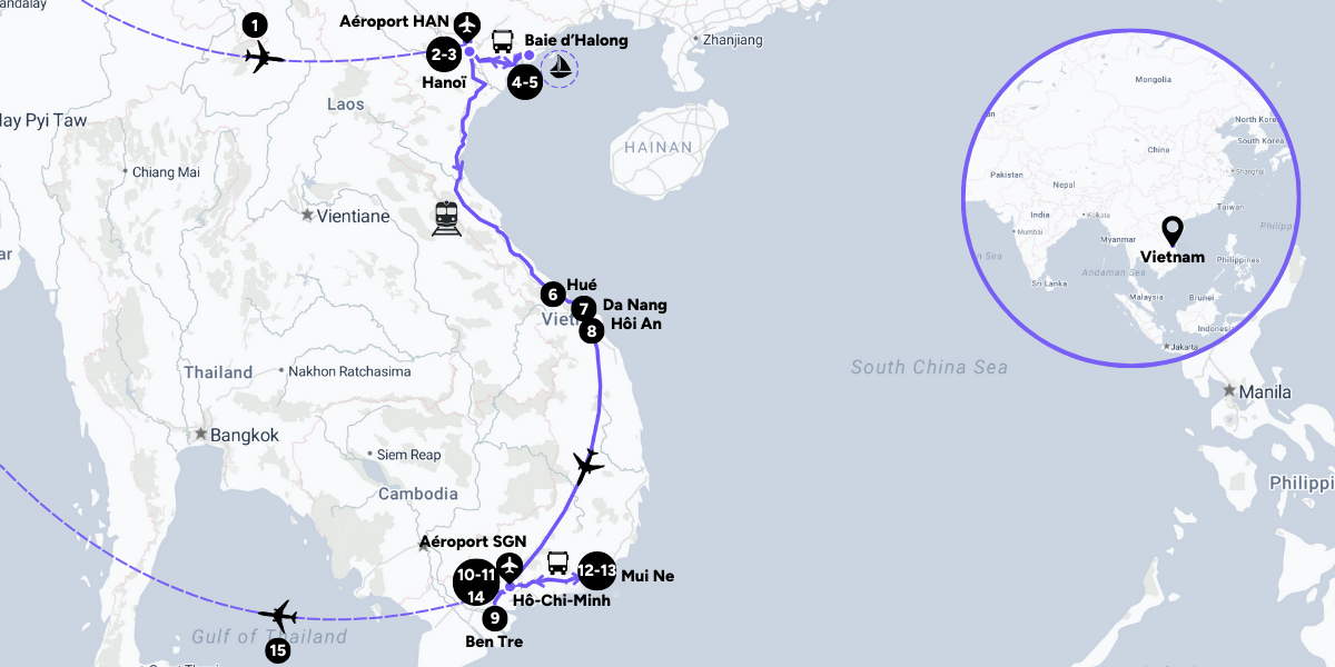 L'itinéraire de votre circuit des Incontournables au Vietnam