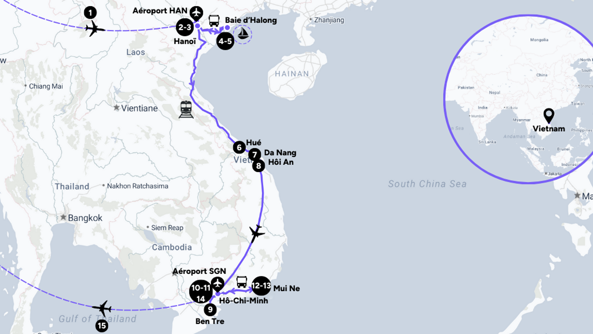 L'itinéraire de votre circuit des Incontournables au Vietnam
