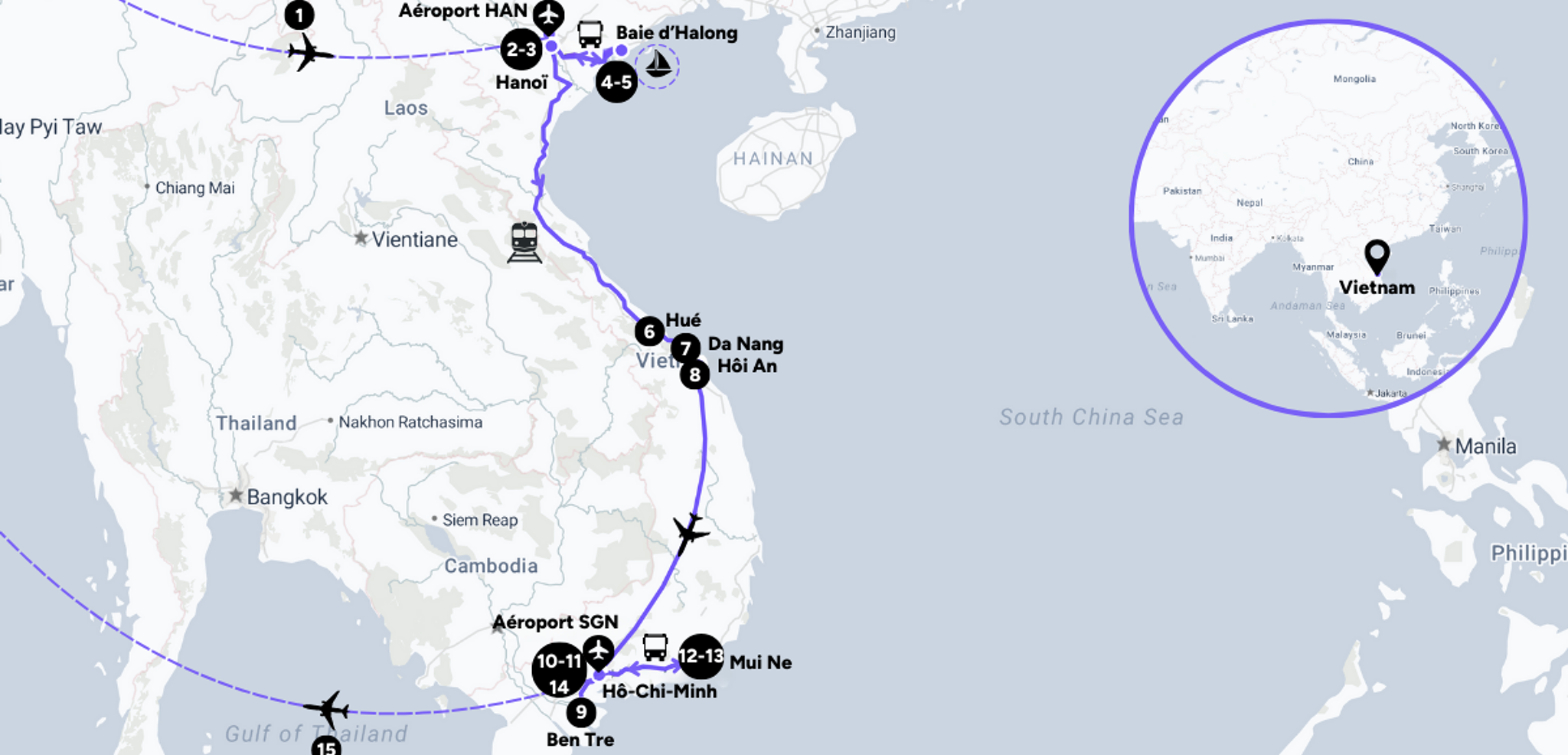 L'itinéraire de votre circuit des Incontournables au Vietnam