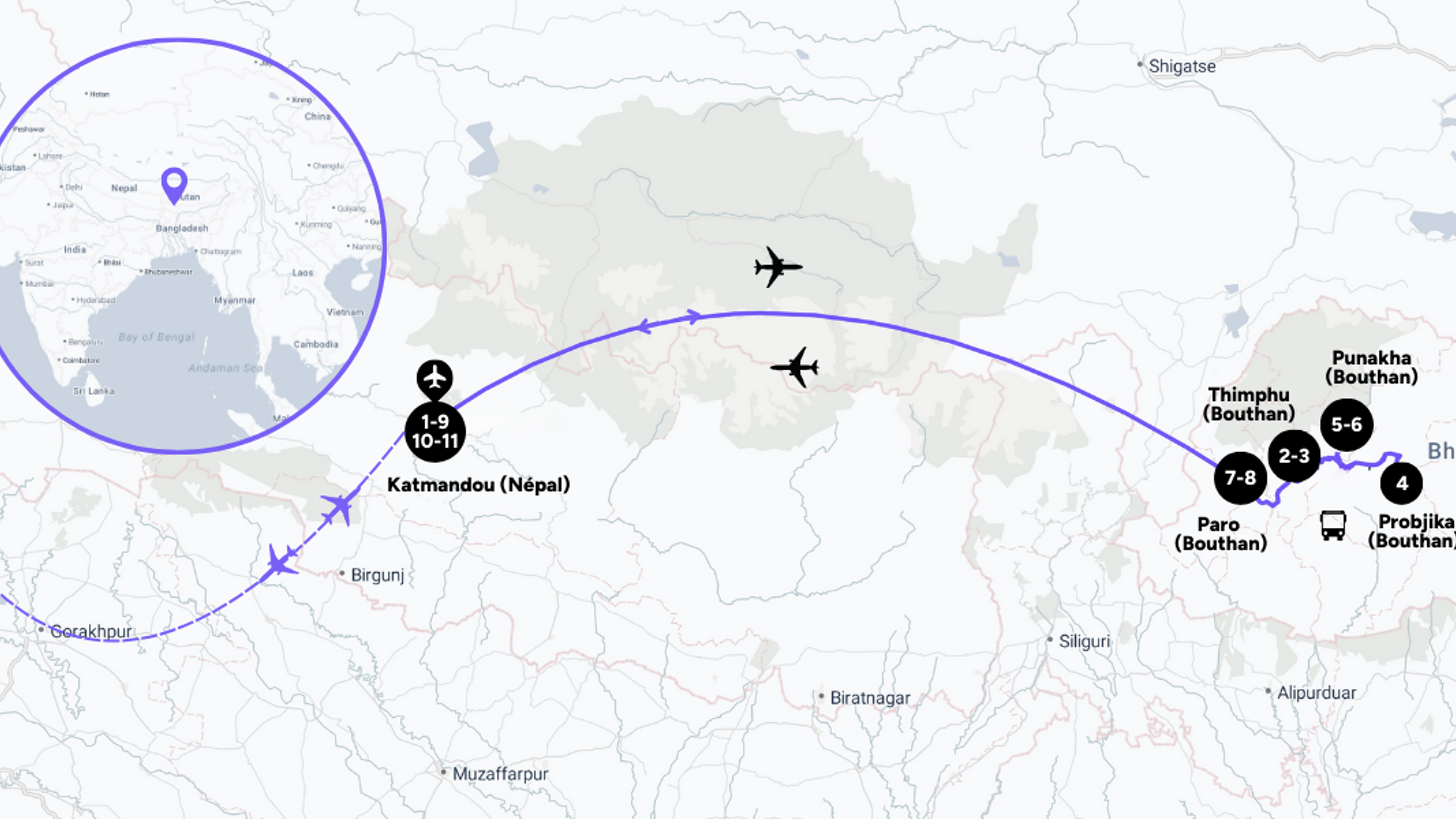 L'itinéraire de votre voyage entre Népal et Bouthan