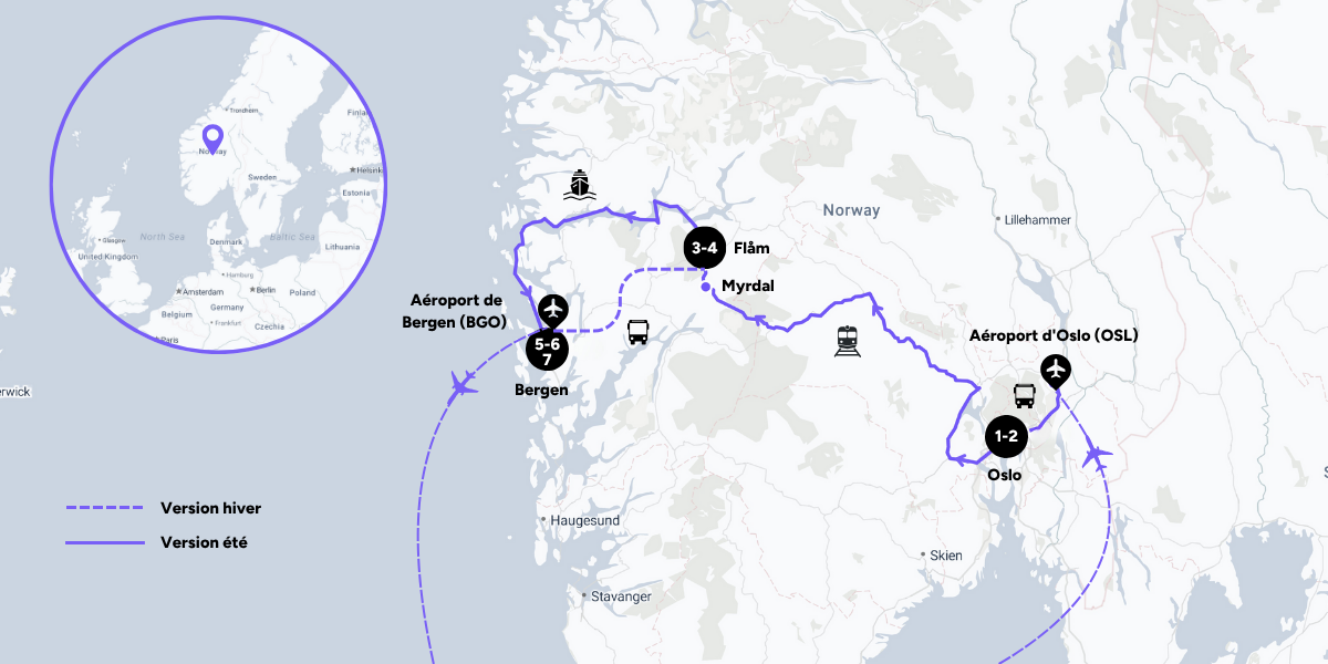 L'itinéraire de votre voyage d'Oslo à Bergen 