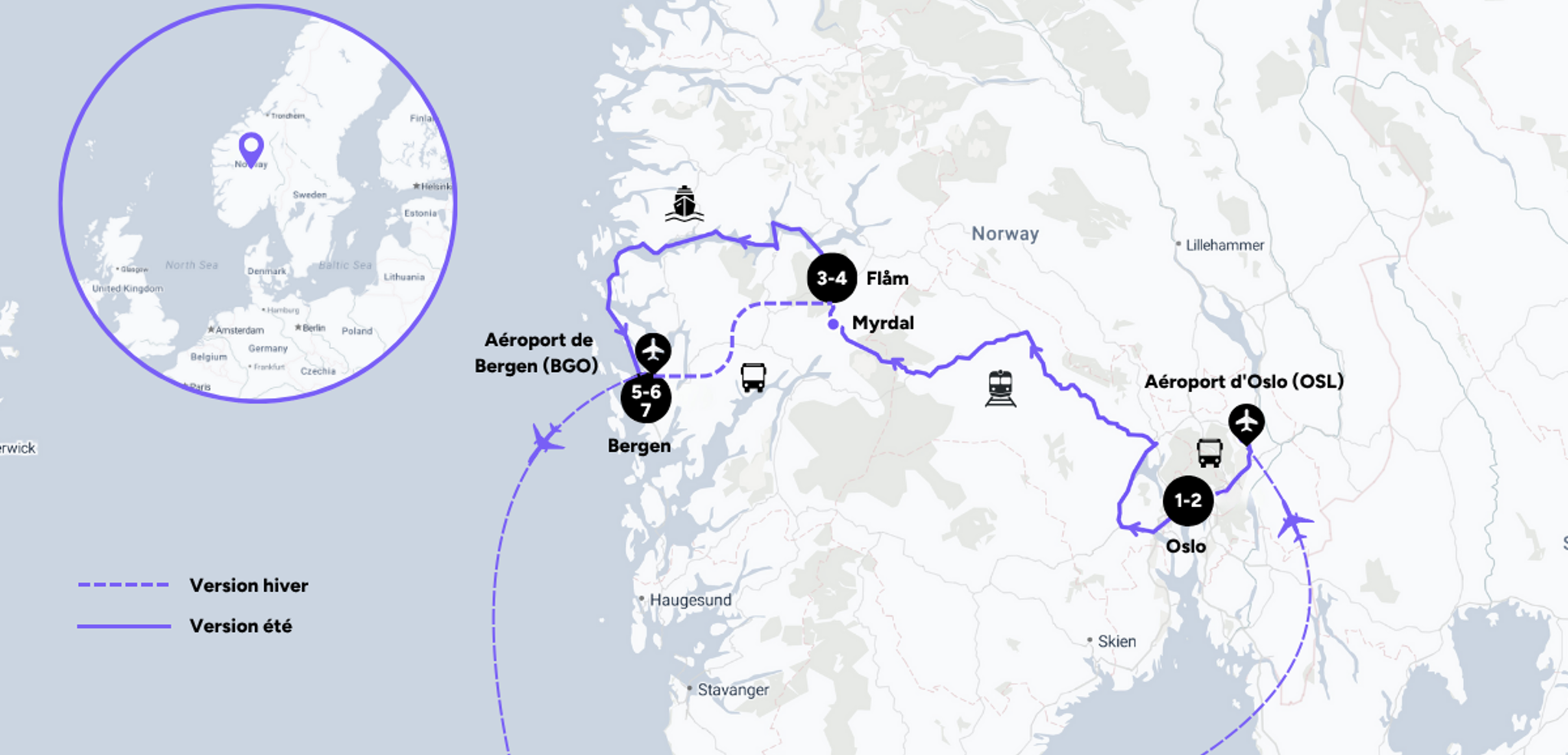 L'itinéraire de votre voyage d'Oslo à Bergen