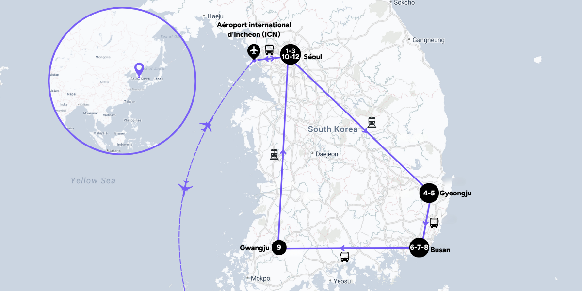 L'itinéraire de votre voyage en Corée du sud