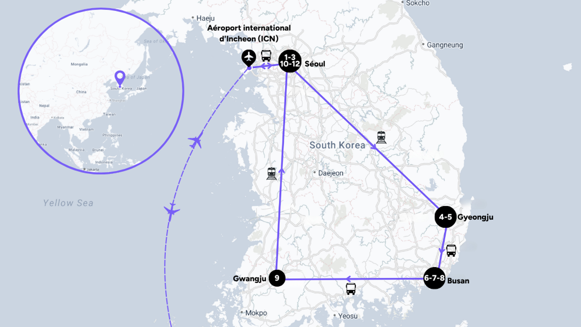 L'itinéraire de votre voyage en Corée du sud