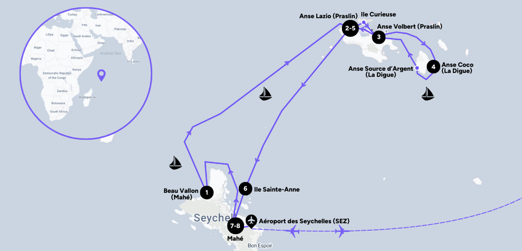 L'itinéraire de votre croisière aux Seychelles