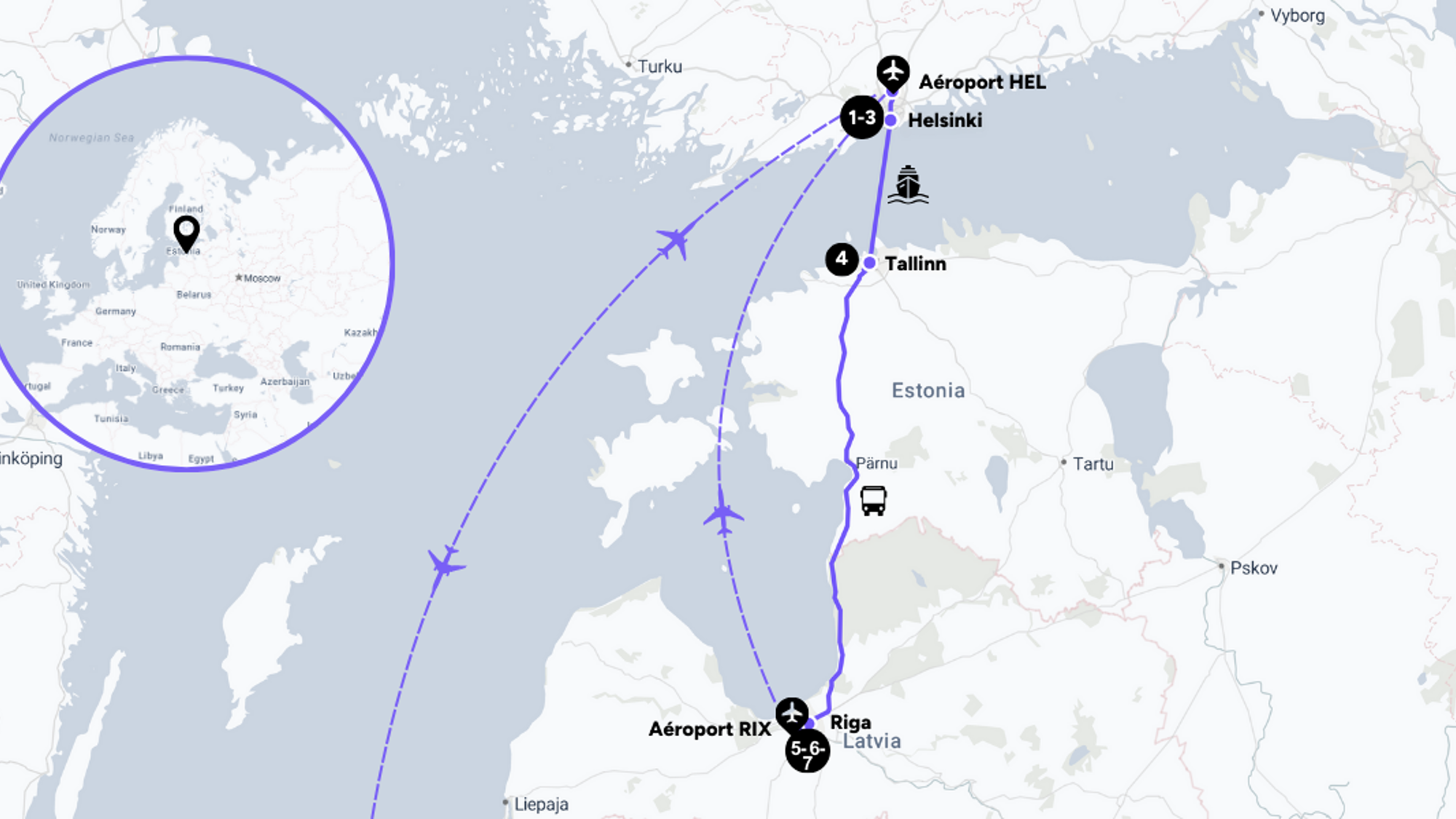 L'itinéraire de votre circuit entre Finlande et Pays Baltes, d'Helsinki à Riga en passant par Tallinn