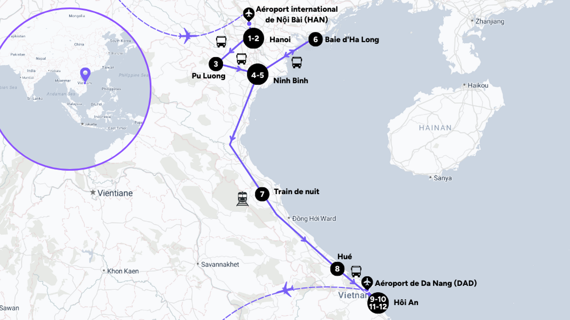 L'itinéraire de votre voyage au Vietnam