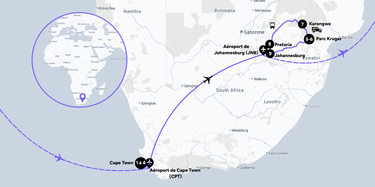 Votre itinéraire à travers l'Afrique du Sud