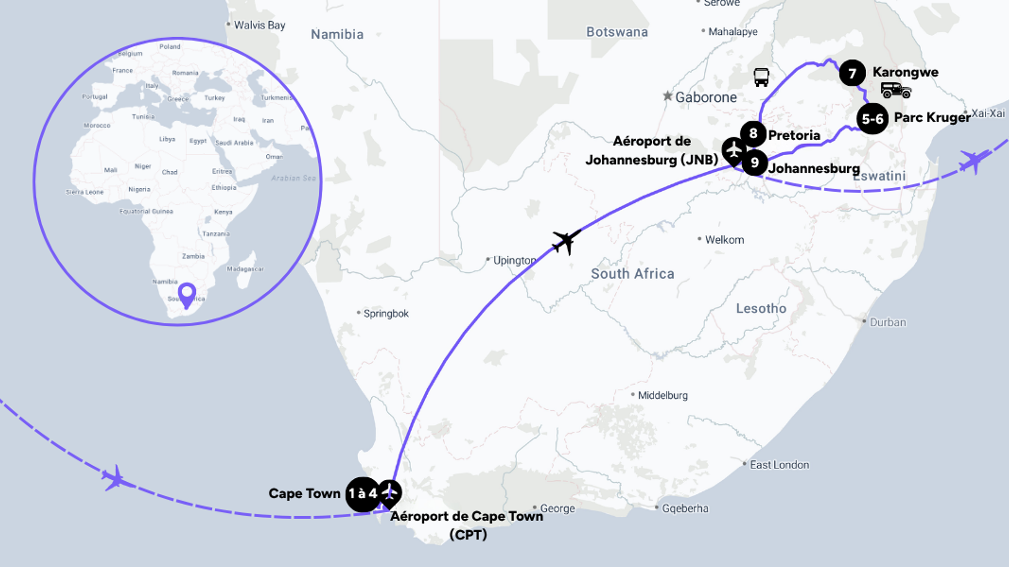 Votre itinéraire à travers l'Afrique du Sud