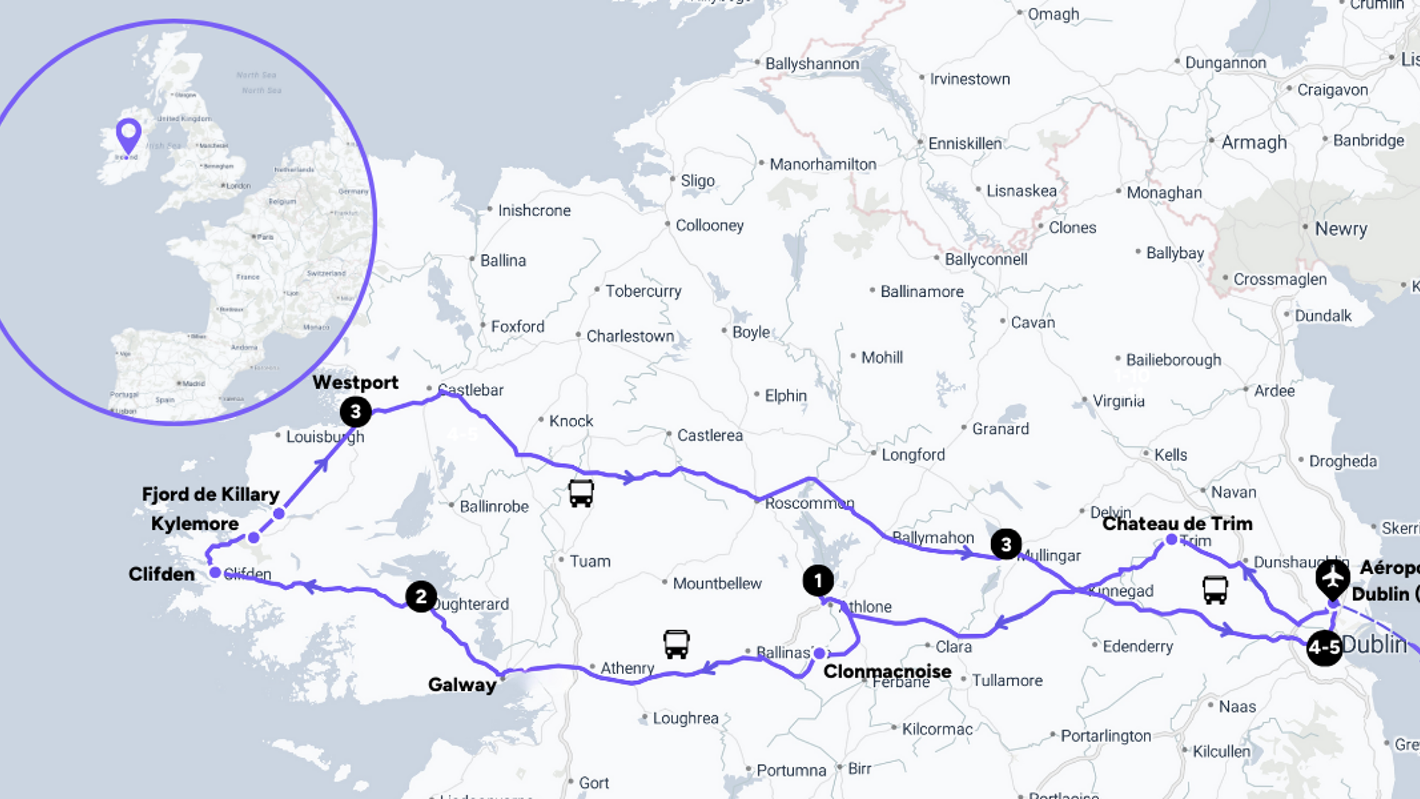 L'itinéraire de votre voyage de Dublin au Connemara